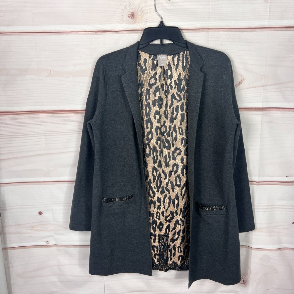 Chicos Sweater Women 0 S Gray Open Front Coatigan Cardigan Leopard Jacquard Back